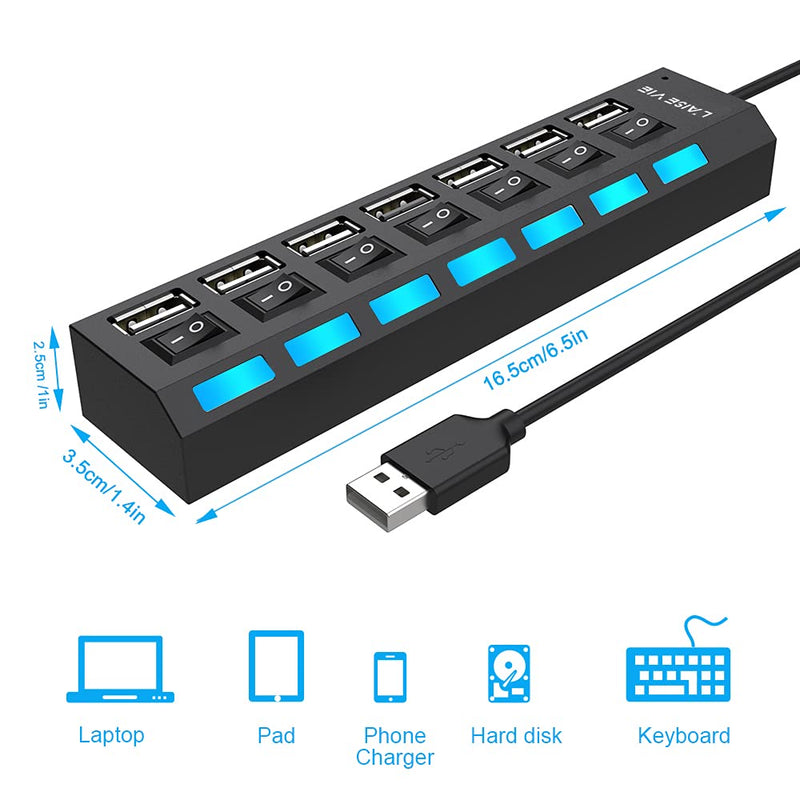 Multi Port USB Splitter, 7 in 1 USB 2.0 Hub with High Speed Individual ON/Off Switches with LEDs - LeoForward Australia