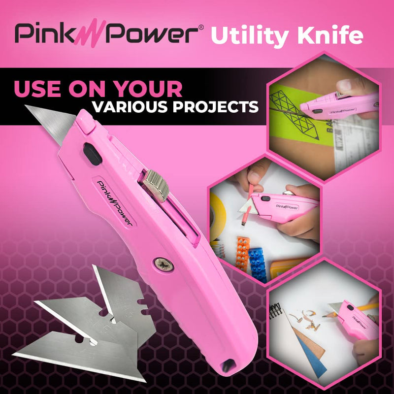  [AUSTRALIA] - Pink Power Pink Box Cutter Retractable, Pink Utility Knife for Carpet, Cute Box Cutter Knife Heavy Duty with 3 Blades and Storage Compartment - Box Opener Pocket Utility Pink Knife Tools for Women