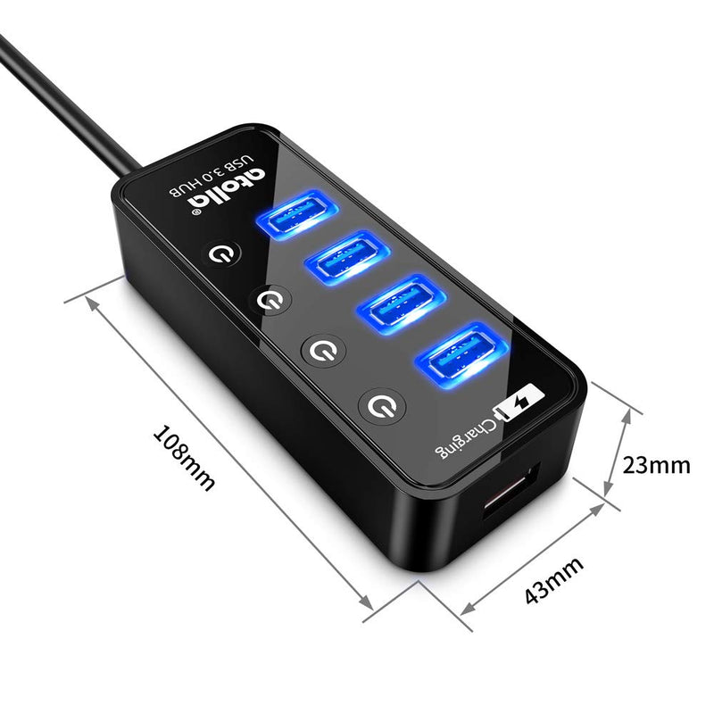  [AUSTRALIA] - Powered USB Hub, atolla 4-Port USB 3.0 Hub with 4 USB 3.0 Data Ports and 1 USB Smart Charging Port, USB Splitter with Individual On/Off Switches and 5V/3A Power Adapter