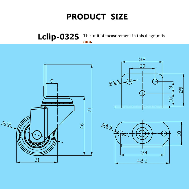  [AUSTRALIA] - Casoter 1.25"(32mm) L-Clip Plate Swivel Caster, Ball Bearing L-Shape Side Mount Plate TPE Rubber Wheel Metal Housing, 4 Pack Total Load Capacity 113Lbs/52Kg for Narrow Install Place of Furniture