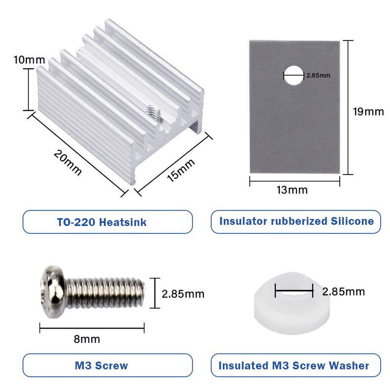 WayinTop 10 Packs TO-220 Aluminum Heatsink & Insulator/Mounting Kits for TO-220 MOSFET Transistor, TO-220 Heatsink + M3 Screw + Screw Washer + Insulator Rubberized Silicone (20mmx15mmx10mm) - LeoForward Australia