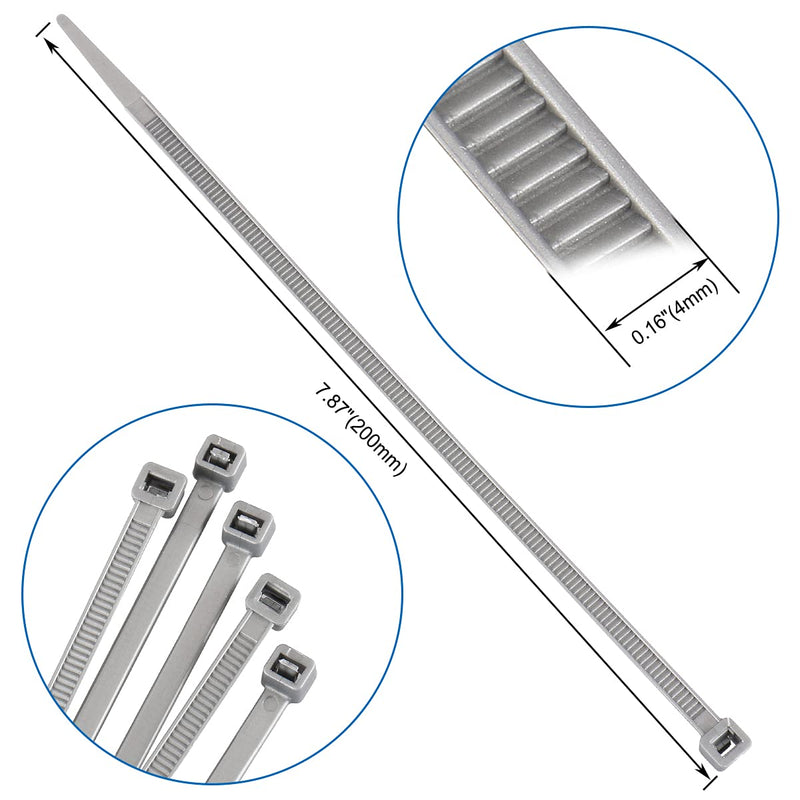  [AUSTRALIA] - Baomain Plastic Nylon Zip Cable Ties Self Locking 8 inch Gray 4.5mm 5x200 Pack of 100
