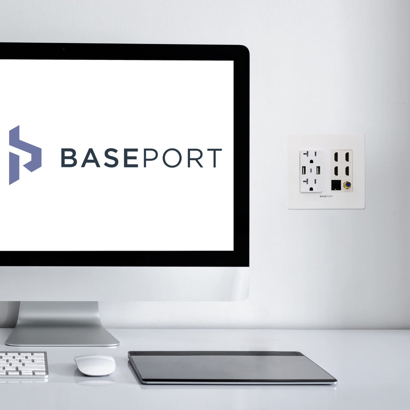  [AUSTRALIA] - BASEPORT Premium Media Outlet Wall Plate - 6.3A USB Wall Outlet 2 USB A 2.0 + 1 USB C 3.0, 15A Dual Power Outlet, 4 HDMI Keystone Jack, Coaxial + Cat6 Rj45 Ethernet Outlet - White Dual Gang Face Plate White | with USB C