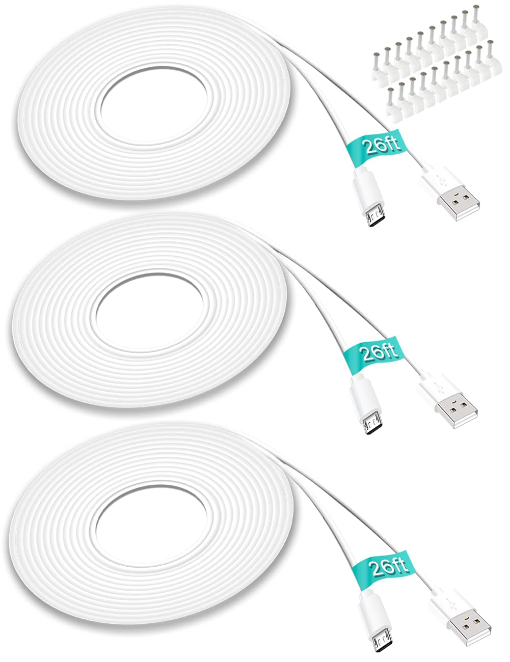  [AUSTRALIA] - SIOCEN 3 Pack 26FT Micro USB Cable Power Extension Cord for Wyze Cam,WyzeCam Pan,YI Cam,YI Dome Home Camera,Kasa Cam,Oculus Go,Furbo Dog,Nest Cam,Blink,Long Charging Wire for Security Cameras