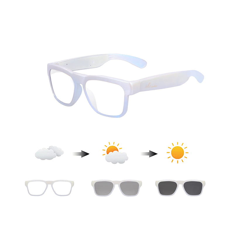  [AUSTRALIA] - OhO Audio Sunglasses,Voice Control and Open Ear Style Listen Music and Calls with Volumn UP and Down, Bluetooth 5.0 and IP44 Waterproof Feature for Indoor and Outdoor Chameleon White - Blue Light Blocking Lens