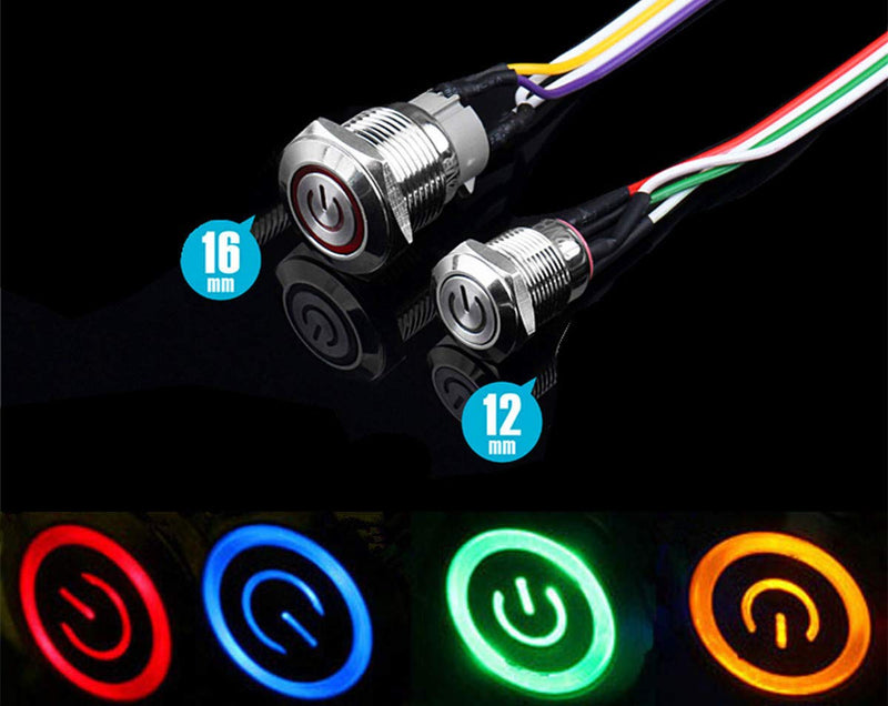 NOYITO 12mm 16mm Chassis Switch Host Metal Button Switch with 3.28ft Extension Cable Red Yellow Blue Green Switch Symbol Suitable for Computer DIY Switch (16mm Green) 16mm Green - LeoForward Australia