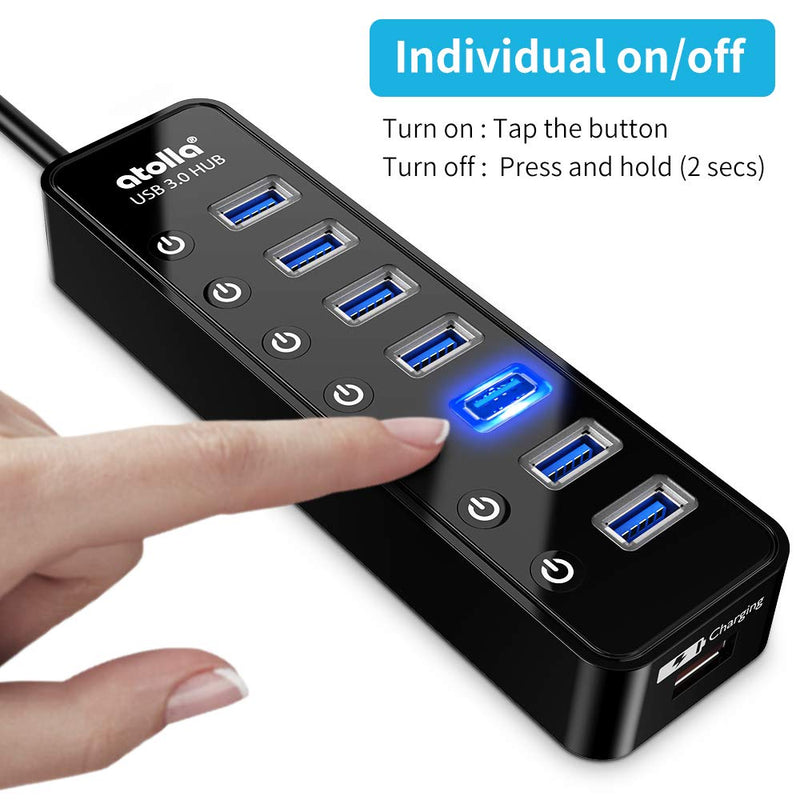  [AUSTRALIA] - Powered USB Hub 3.0, Atolla 7-Port USB Data Hub Splitter with One Smart Charging Port and Individual On/Off Switches and 5V/4A Power Adapter USB Extension for MacBook, Mac Pro/Mini and More.