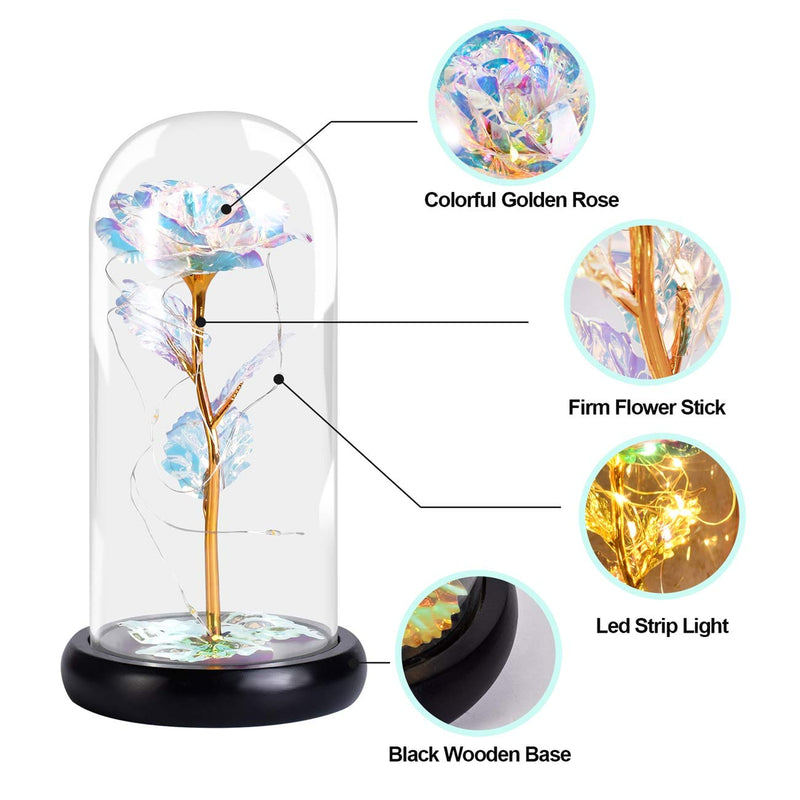  [AUSTRALIA] - CaseBing Gifts for Women Colorful Galaxy Flower Rose Gift, Rose in Glass Dome with Led Light String on The Colorful Flower, Gifts for Women,Christmas,Valentine's Day,Anniversary,Mother's Day,Birthday Rainbow