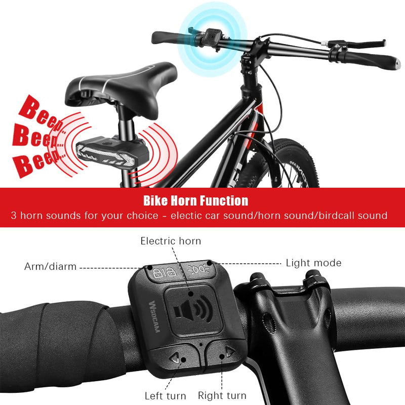  [AUSTRALIA] - WSDCAM Bike Alarm & Smart Bike Turn Signals Alarm Set, Bike Alarm Horn with Remote, Auto ON/Off Rechargeable Waterproof Bike Horn Alarm Rear Bike Brake Light Turn Signals Bicycle Tail Light