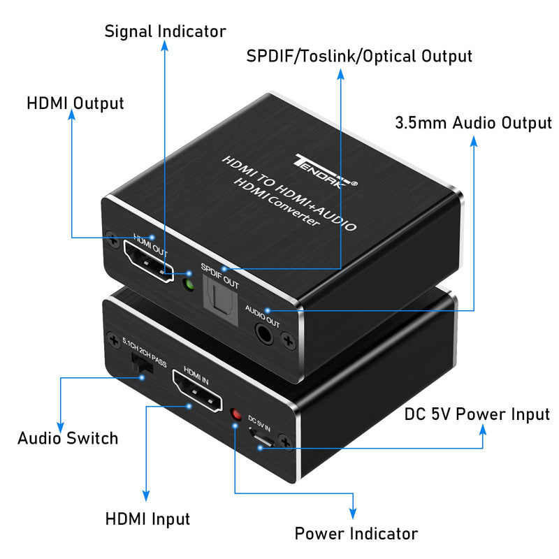  [AUSTRALIA] - Tendak 4K x 2K HDMI to HDMI and Optical TOSLINK SPDIF + 3.5mm Stereo Audio Extractor Converter HDMI Audio Splitter Adapter(HDMI Input, HDMI + Digital/Analog Audio Output),AV-096-BK