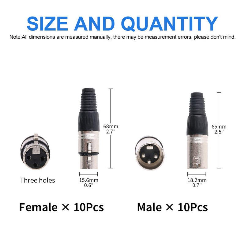  [AUSTRALIA] - Glarks 20 Pack XLR 3 Pin Male/Female Plugs Audio Mic Microphone Cable Plug Connector Audio Socket, Black Sliver Housing