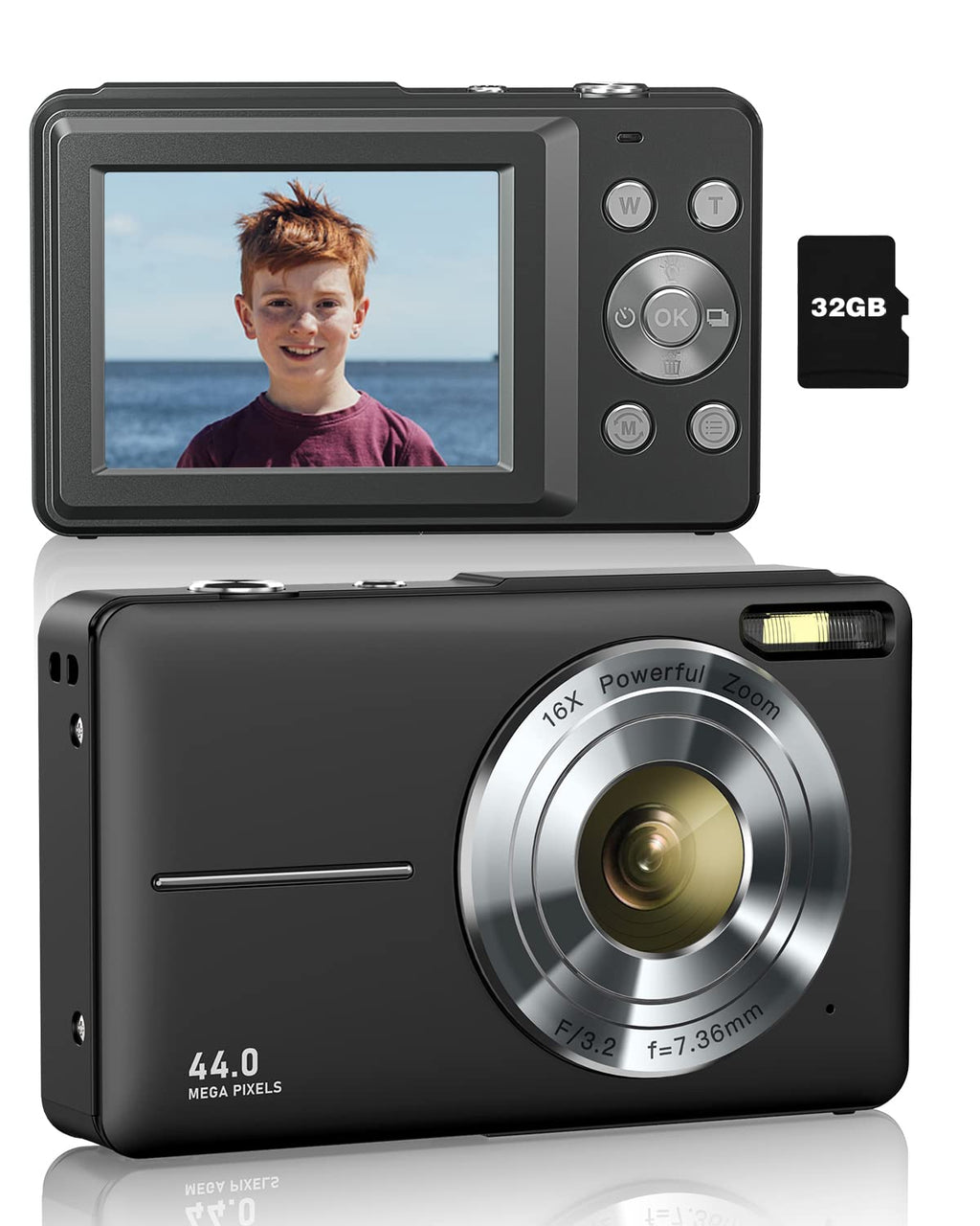  [AUSTRALIA] - Digital Camera, FHD 1080P Kids Camera with 32GB Card, 2 Batteries, Lanyard, 16X Zoom Anti Shake, 44MP Compact Portable Small Point and Shoot Cameras Gift for Kid Student Children Teens Girl Boy(Black) Black