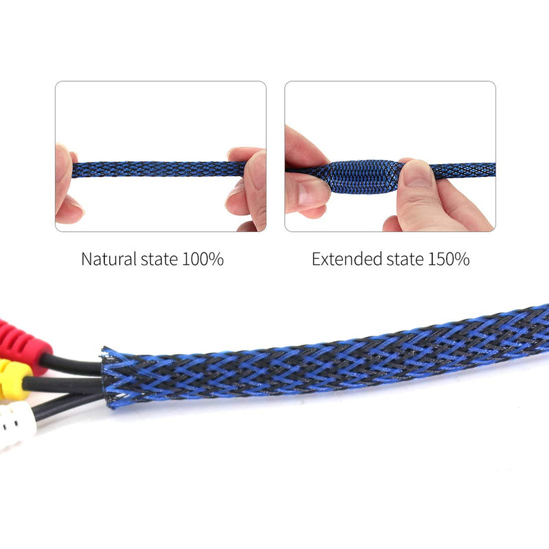  [AUSTRALIA] - Black-Blue PET Expandable Sleeving Cord Protector Wire Loom Tubing Cable Sleeve for USB Charger Cable Power Cord Audio Video Cable Can Protect Cat Dog from Chewing Cords 1/4"-25FT Black-blue
