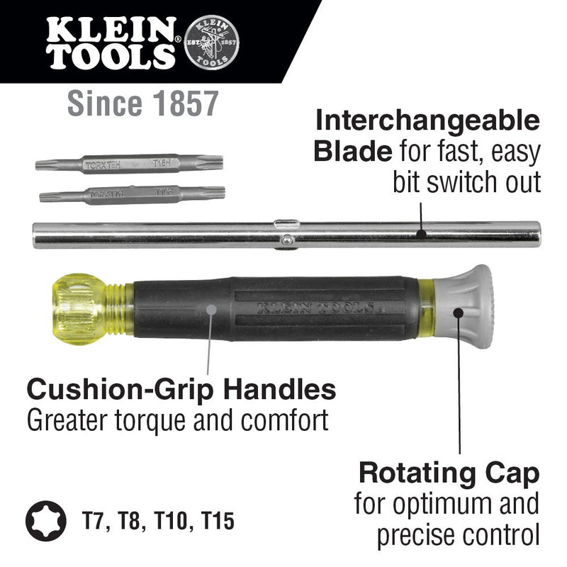  [AUSTRALIA] - Klein Tools 32585 Multi-bit Precision Screwdriver Set, 4-in-1 Electronics Screwdriver with Industrial Strength Torx Bits, Spin Top