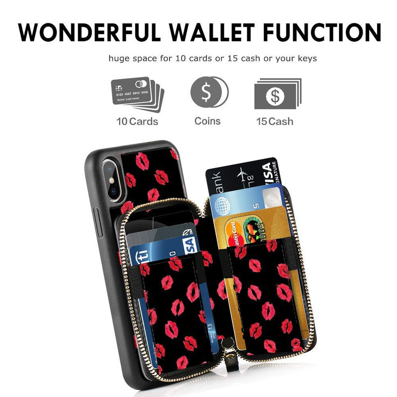  [AUSTRALIA] - ZVE Case Apple iPhone Xs iPhone X, 5.8 inch, Zipper Wallet Case Leather Shockproof Cover Credit Card Holder Slot Handbag Purse Print Case Apple iPhone Xs X - Black Kiss