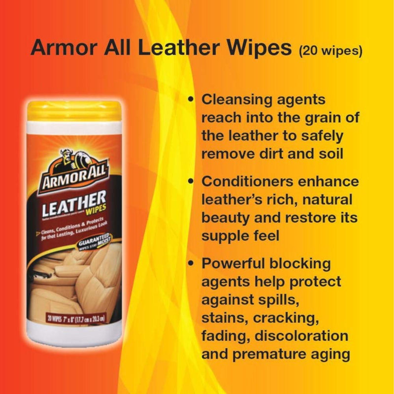  [AUSTRALIA] - Armor All Car Interior Cleaner Leather Wipes - Cleaning for Cars & Truck & Motorcycle, 20 Count, 10881 Old Style (20 Count)