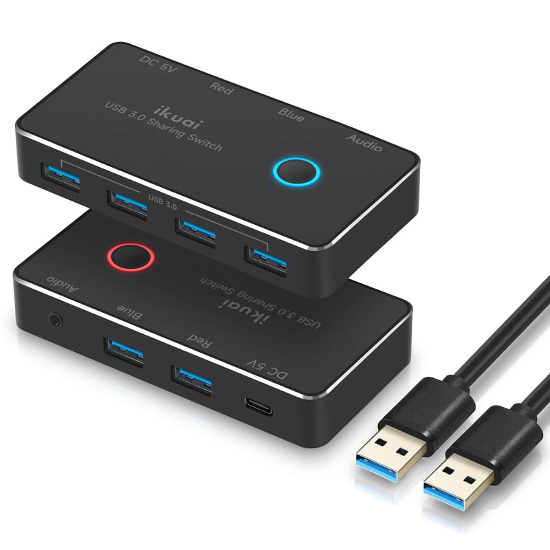  [AUSTRALIA] - USB Switch, ikuai Aluminum USB 3.0 Switch Selector, 2 Computer Sharing 4 USB Device, 1 Audio Output, Peripheral Switcher Box with One-Button Swapping, 2X USB Cable KM Switch for Printer Mouse Headset