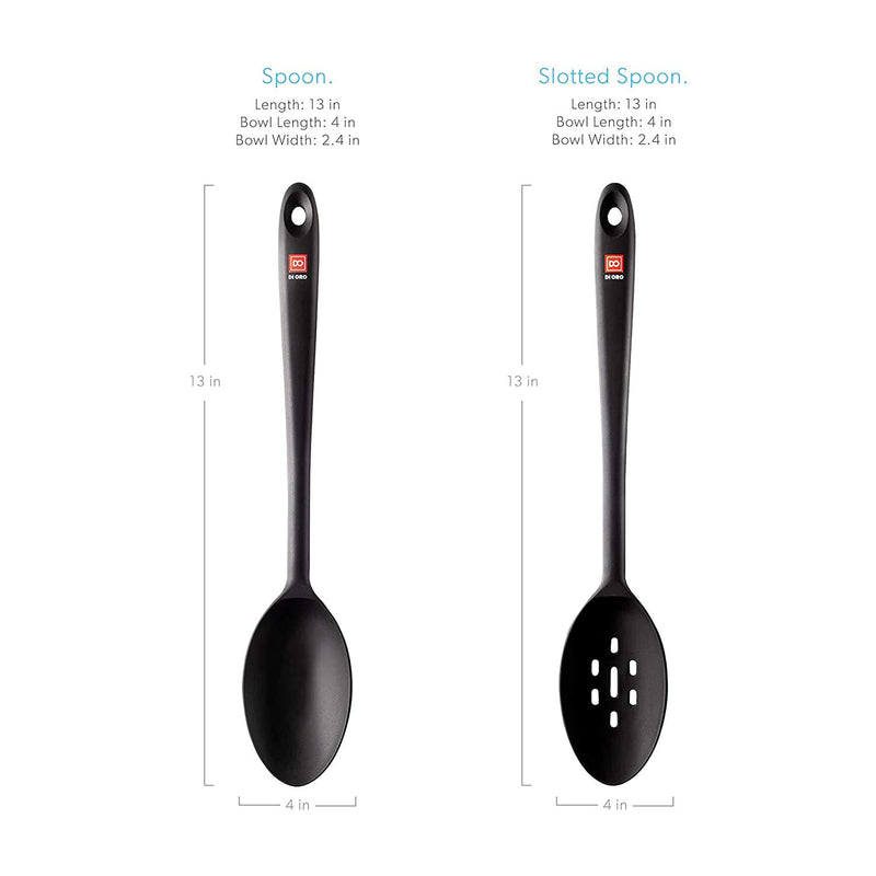  [AUSTRALIA] - DI ORO Seamless Series 2-Piece Silicone Spoon Set - 600F Heat-Resistant Rubber Non-Stick Slotted and Solid Spoons for Mixing and Serving - LFGB Certified and BPA Free Pro-Grade Silicone – Black 2-Pc Set (Black)