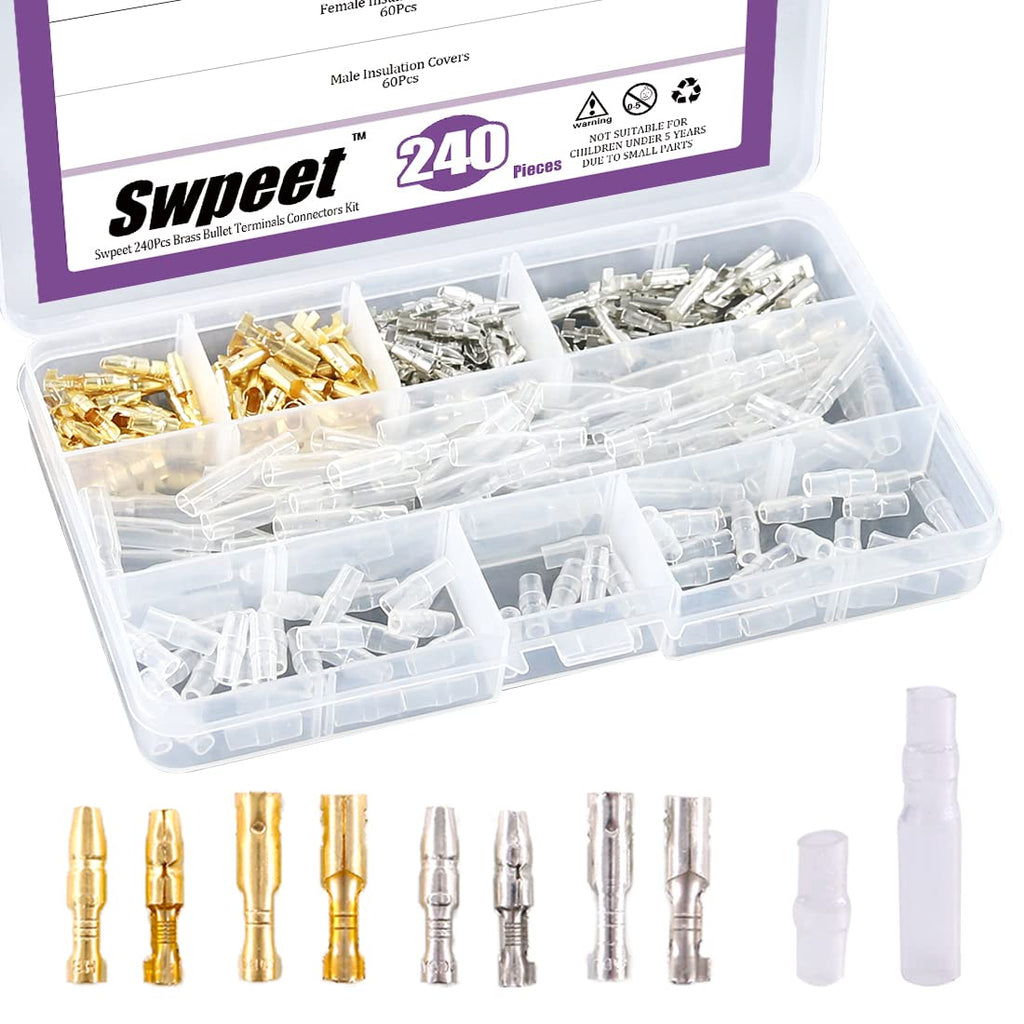  [AUSTRALIA] - Swpeet 240Pcs Bullet Connectors Kit, 3.9mm Brass Bullet Male & Female Wire Terminals Connector with Insulation Cover for Motorcycle Scooter Car Truck with Insulation Sleeve