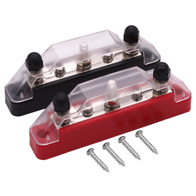  [AUSTRALIA] - ZOOKOTO 150 Amp Rating Bus Bar Power Distribution Block, 3X M6(1/4”) Studs 2X M4(#8) Screw Terminal Block with Cover for Car Boat Marine Caravan RV (Black + Red) 3x M6(1/4”) Studs 2 x M4(#8) Screw