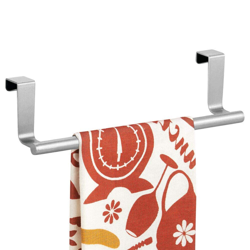  [AUSTRALIA] - mDesign Decorative Metal Kitchen Over Cabinet Towel Bar - Hang on Inside or Outside of Doors, Storage and Display Rack for Hand, Dish, and Tea Towels - 9.8 Inches Wide - Chrome