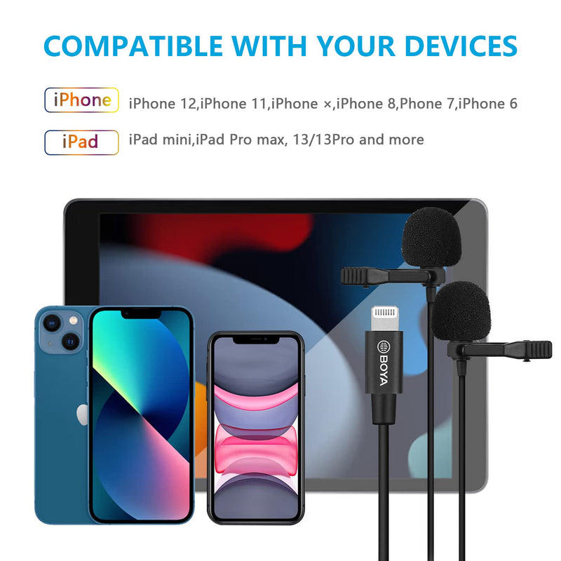  [AUSTRALIA] - BOYA Dual Lavalier Lightning Microphone for iOS iPhone 11 Vlog, 20 ft/6m BY-M2D Dual-Head Lapel Universal Mic with Lightning Plug Adapter for iPhone 11 10 X 8 7 MAC YouTube Video Facebook Live