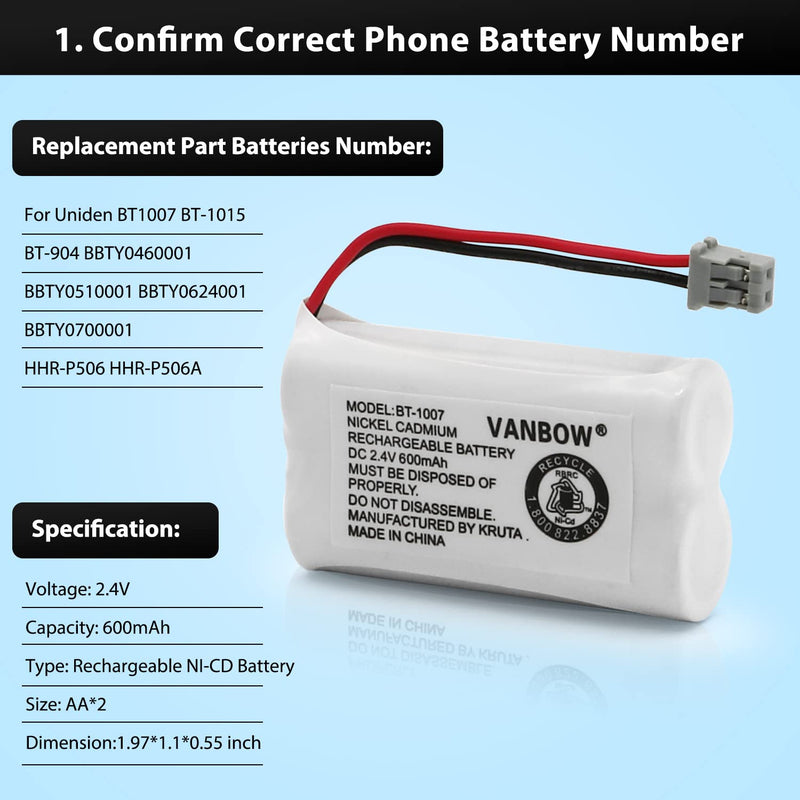 [AUSTRALIA] - BT-1007 Cordless Phone Battery Compatible with Uniden BT1007 BT904 BT-904 BT1015 BT-1015 BBTY0651101 BBTY0460001 BBTY0510001 BBTY0624001 BBTY0700001 HHR-P506 HHR-P506A (2) 2