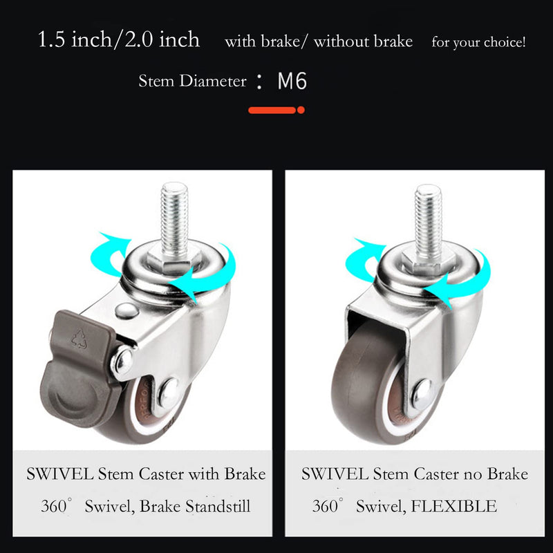  [AUSTRALIA] - Stem Casters, 360 Degree Swivel Stem TPR Wheels with Metric M6-1.0x15mm Thread Rods Replacement Industrial Castors for Carts, Furniture, Dolly, Workbench (2.0 inch Without Brakes) 2.0 inch without brakes