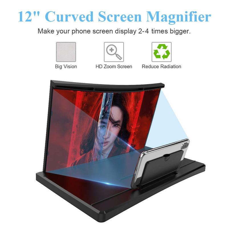  [AUSTRALIA] - 12" Curve Screen Magnifier –3D HD Mobile Phone Magnifier Projector Screen for Movies, Videos, and Gaming–Foldable Phone Stand with Screen Amplifier–Supports All Smartphones (Black) Black