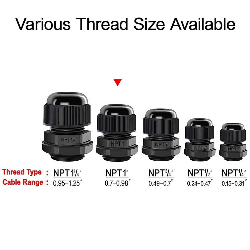  [AUSTRALIA] - LeMotech 5 Pack NPT 1" Cable Glands Waterproof Adjustable 18-25mm Cable Connectors Black Nylon Joints with Gaskets 1inch 5-pack