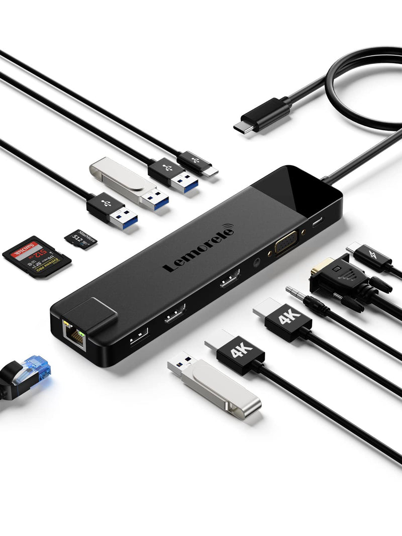  [AUSTRALIA] - Lemorele 13 in 1 USB C Docking Station Triple Monitor, Multiport Hub Adapter w/Dual HDMI 4K, 1000M RJ45, VGA, 4 USB 3.0/2.0, USB C 3.0, 100W PD, SD/TF, 3.5MM Audio for Lenovo, Surface, MacBook Laptops Black