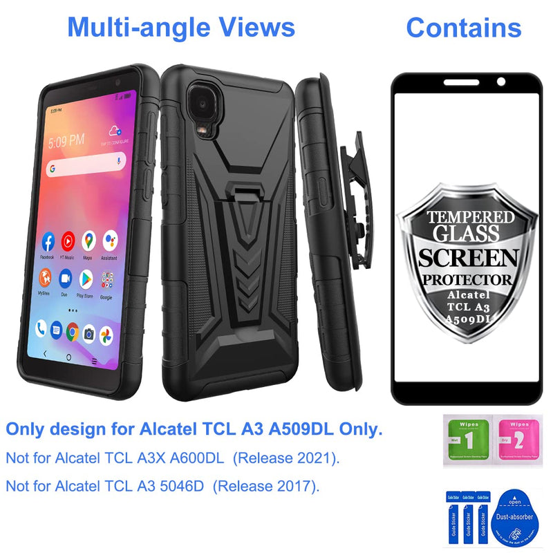  [AUSTRALIA] - Ailiber Compatible with Alcatel TCL A3 A509DL Case, Alcatel TCL A3 Case Holster with Screen Protector, Swivel Belt Clip Holster Kickstand Holder, Heavy Duty Full Body Cover for Alcatel TCL A3-Black Screen Protector & Black