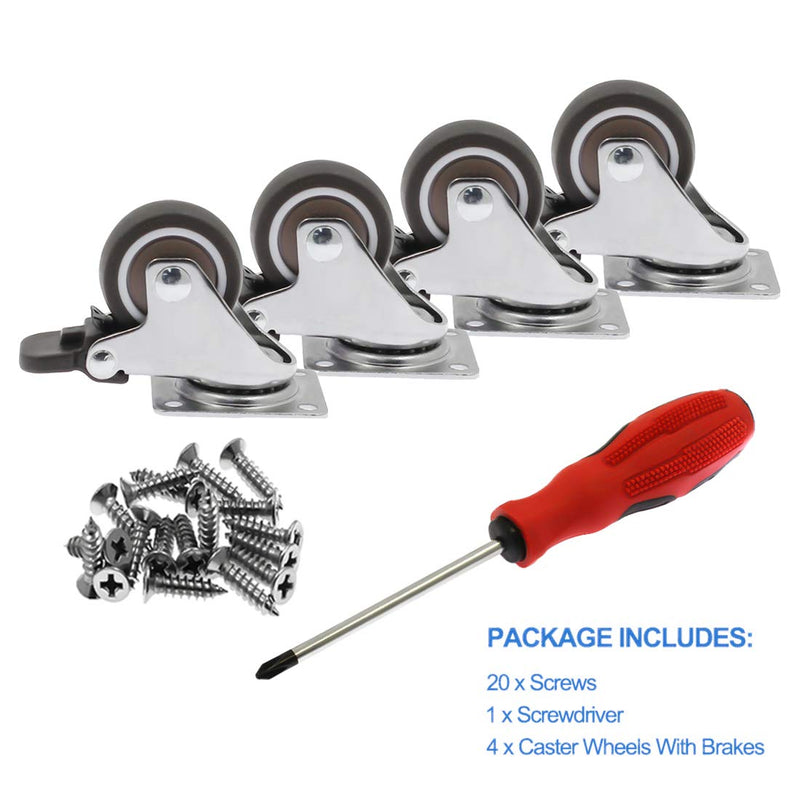  [AUSTRALIA] - Luomorgo 4 Pack 1.25" Caster Wheels with Brakes Rubber Swivel Heavy Duty Casters with 360 Degree Top Plate, 140 lbs Total Capacity Caster, 20 Screws & A Handy Screwdriver for Free