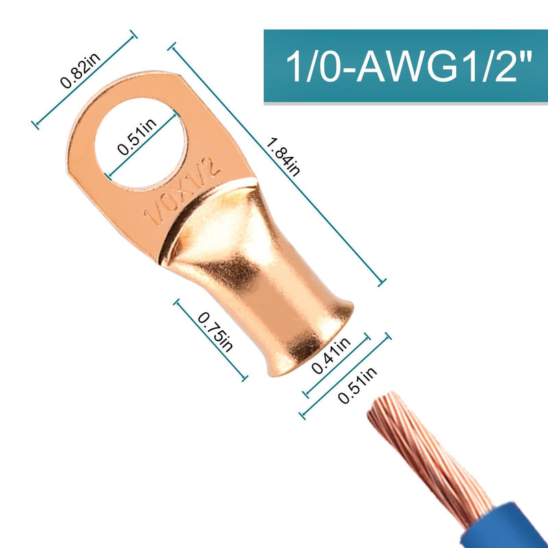  [AUSTRALIA] - 8PCS Battery Cable Ends, 1/0 Gauge Wire Connectors 1/2 Copper Wire Lugs, Bare Copper Eyelets with Heat Shrink Tubing by HOUSUN 1/0AWG*1/2"(M12) 8PCS