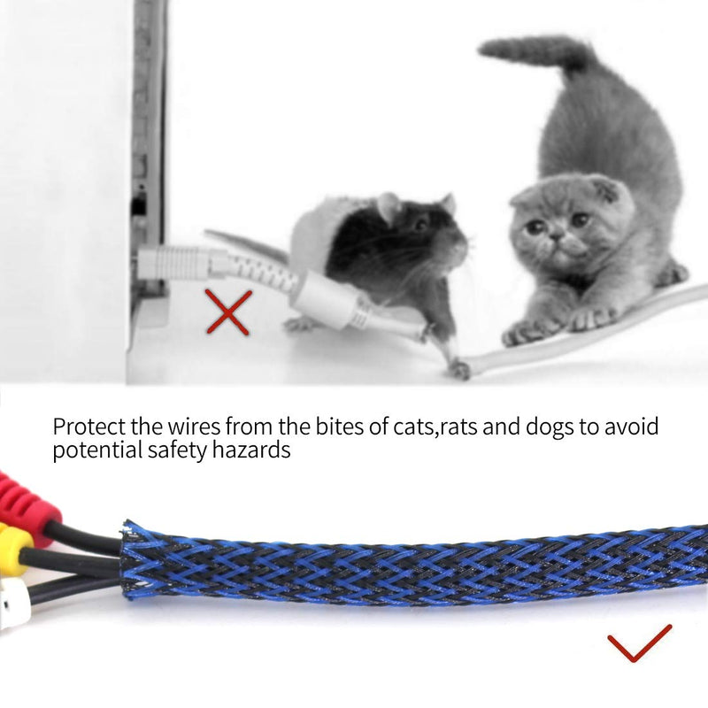  [AUSTRALIA] - Black-Blue PET Expandable Sleeving Cord Protector Wire Loom Tubing Cable Sleeve for USB Charger Cable Power Cord Audio Video Cable Can Protect Cat Dog from Chewing Cords 1/4"-25FT Black-blue