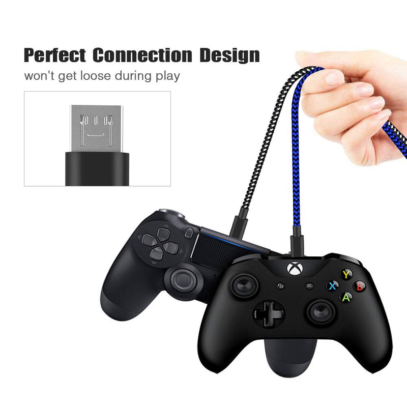  [AUSTRALIA] - PS4 Controller Charger Charging Cable 10ft 2 Pack Nylon Braided Extra Long Micro USB 2.0 High Speed Data Sync Cord Compatible for Playstaion 4, PS4 Slim/Pro, Xbox One S/X Controller, Android Phones Black-Blue