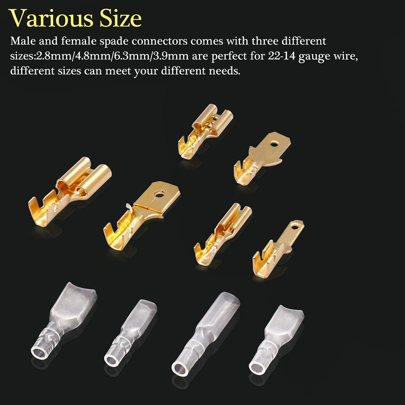  [AUSTRALIA] - Twidec/360Pcs 2.8/4.8/6.3mm Quick Splice Male and Female Wire Spade Connector Crimp Terminal Block Assortment Kit Golden with Insulating Sleeve for Electrical Wiring Car Audio Speaker N-002 360PCS