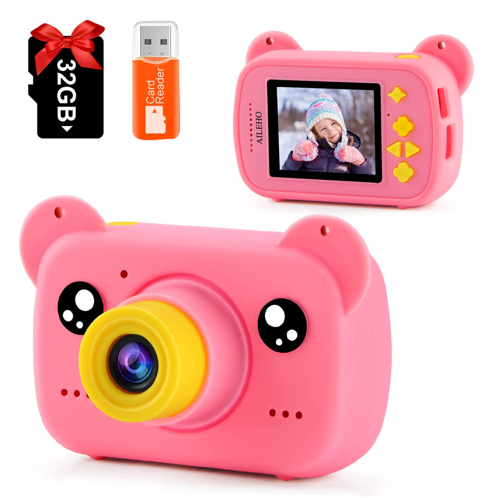  [AUSTRALIA] - AILEHO Kids Camera for Girls Toy - Camera for Kids Christmas Birthday Gifts for Girl Aged 3-9 Year Old HD Digital Video Cameras for Toddler Girl Toys with 32g SD Card Pink Mini bear pink32gb
