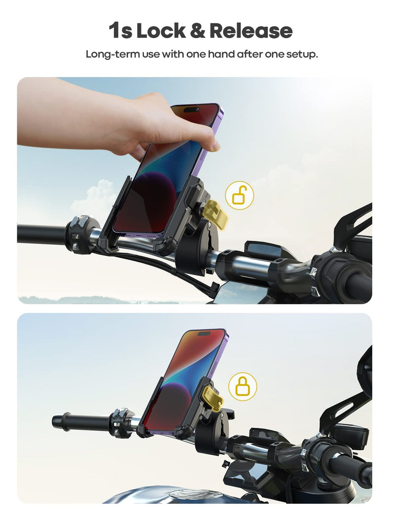  [AUSTRALIA] - Lamicall Motorcycle Phone Mount Holder - [Camera Friendly] [1s Lock] 2023 Bike Phone Holder Handlebar Clamp, Bicycle Scooter Phone Clip, for iPhone 14 Pro Max, 13 12 Mini, 2.4~3.54" Wide Phones, Black