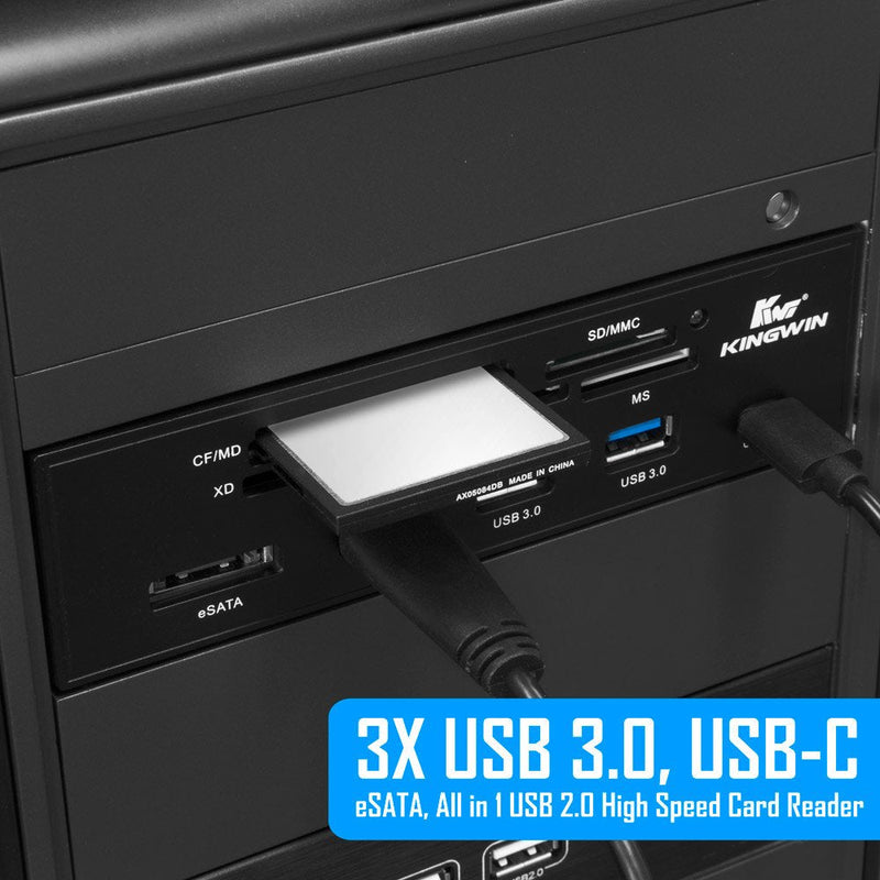  [AUSTRALIA] - Kingwin Powered USB Hub 3.0 w/ 1 USB-C Port, SD Card Reader & Micro SD Card Reader - Sata Power Port w/Lightning Speed Data Transfer Up to 5Gbps - 5.25" Computer Case Front Bay, black (KW525-3U3CR)