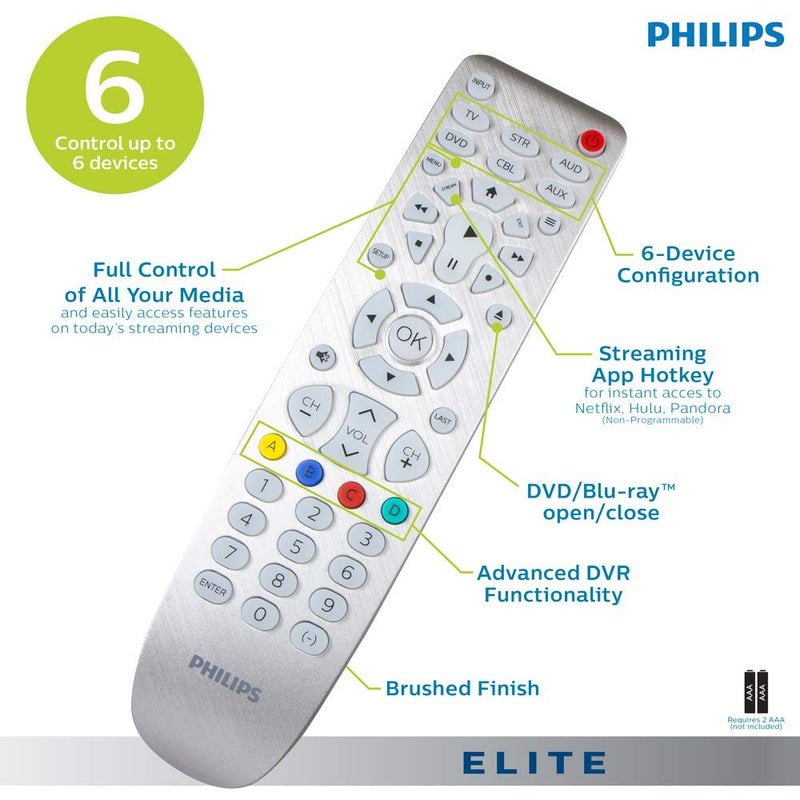 Philips Universal Remote Control, Backlit, for Samsung, Vizio, LG, Sony, Sharp, Roku, Apple TV, RCA, Panasonic, Smart TVs, Streaming Players, Blu-Ray, DVD, Simple Setup, 6 Device, Silver, SRP3016S/27 - LeoForward Australia