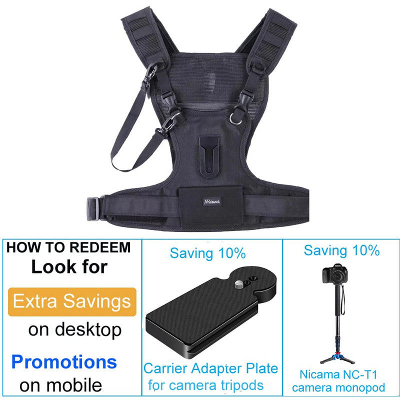  [AUSTRALIA] - Nicama Camera Carrying Chest Harness Vest with Secure Straps Compatible with 1 Camera Canon Nikon Sony Panasonic Olympus DSLR for Hiking, ZOOM Audio Recorder H6