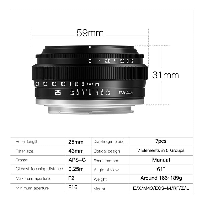  [AUSTRALIA] - TTArtisan 25mm f2 APS-C Manual Focus Camera Lens Compatiable with Fuji X Mount X-A1 X-A10 X-A2 X-A3 X-A5 X-A7 X-M1 X-M2 X-H1 X-T1 X-T10 X-T2 X-T20 X-T3 X-T4 X-T100