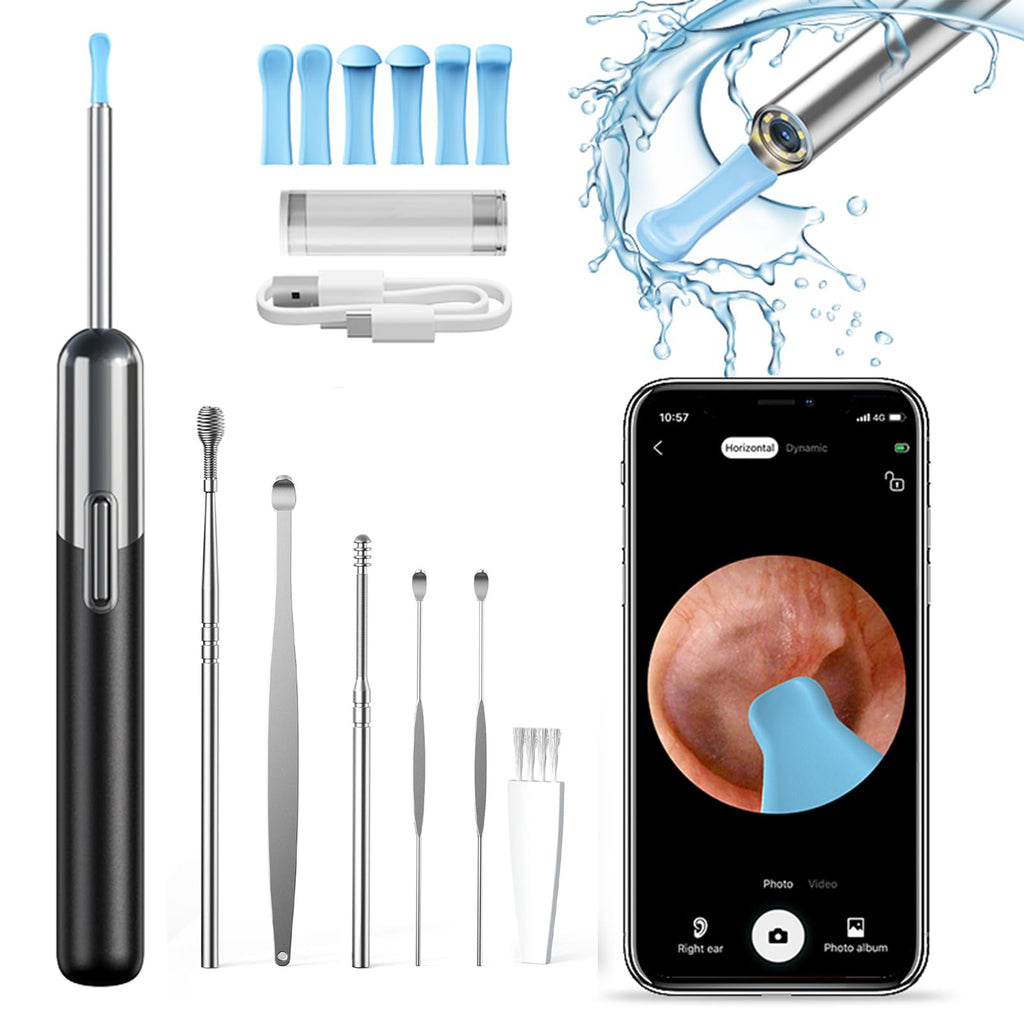  [AUSTRALIA] - Qimic Earwax Remover Otoscope, WiFi Ear Cleaner with Camera, IP67 Waterproof Ear Endoscope, 360° Wide Angle Otoscope Camera with 6 LEDs for iPhone, Android Smartphones and iPad Black
