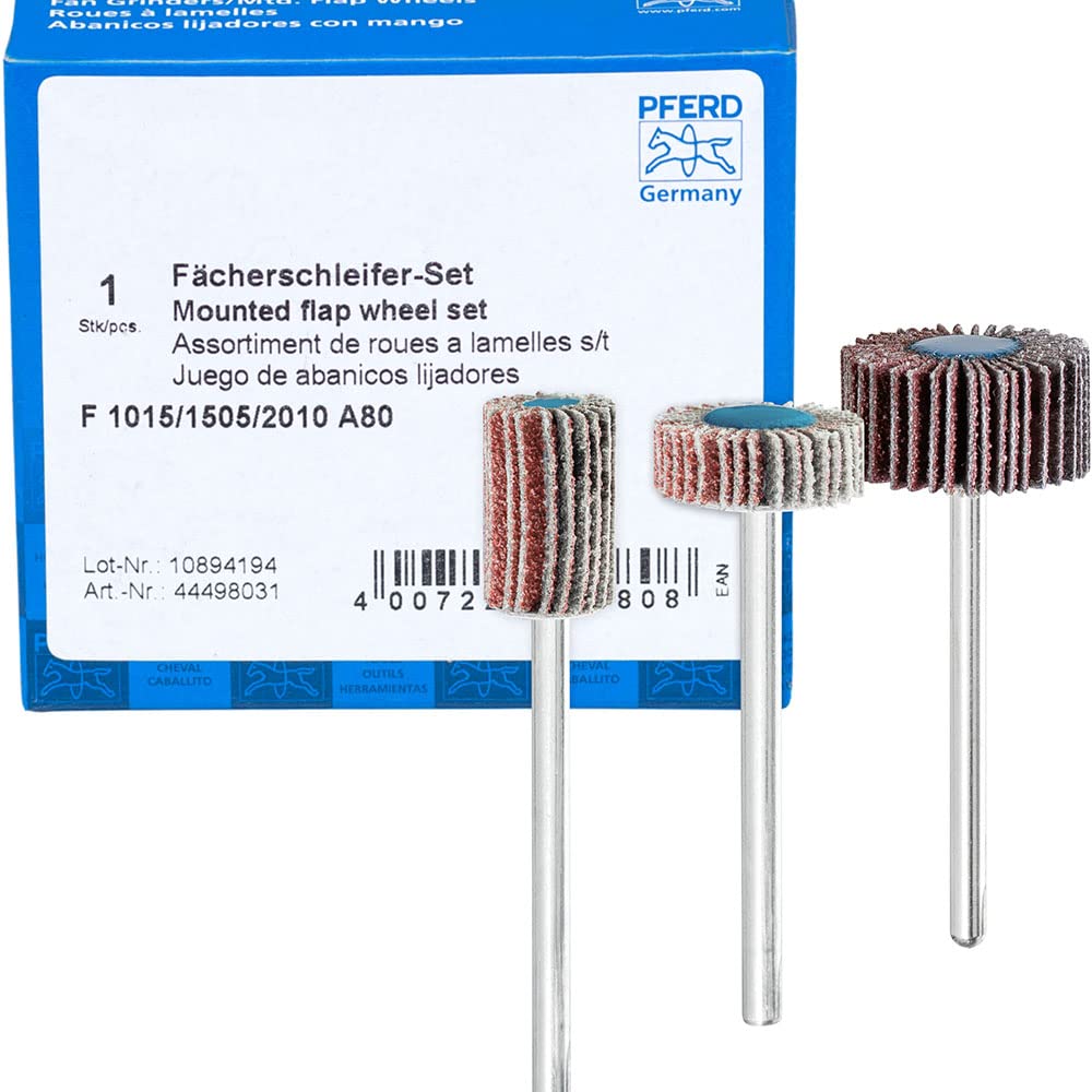  [AUSTRALIA] - PFERD flap sander set F, 3 pieces. / corundum Ø10x15mm Ø15x5mm Ø20x10mm shaft ø 3mm A80 / 44498031 - for fine sanding & finishing with the straight grinder or flexible shaft drive 10x15mm grit 80 - 180 flap sander set F 1015/3 A