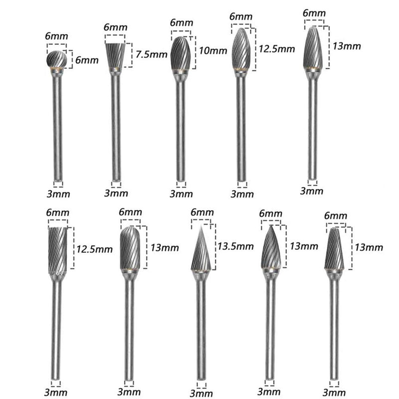 Yakamoz Set of 10pcs 1/8 Inch (3mm) Shank Single Cut Tungsten Steel Solid Carbide Rotary Burrs Set for Woodworking Drilling Carving Engraving Tools - LeoForward Australia