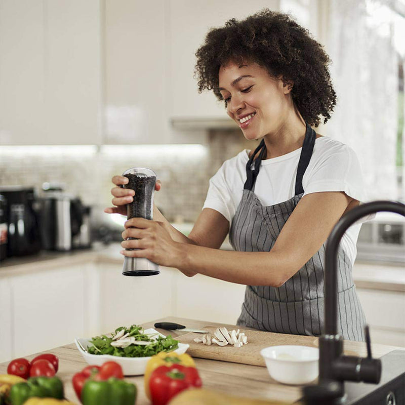  [AUSTRALIA] - Salt and Pepper Grinder (Set of 2), Adjustable Ceramic & Stainless Steel Mill Set, Glass Body Refillable Mill Shakers - Easy Clean Grinders with Silicon Funnel and Cleaning Brush