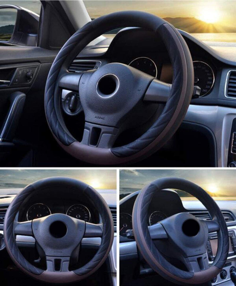  [AUSTRALIA] - Carmen New Steering Wheel Cover Four Season Universal 15 Inch Two-Color Stitching Design Fashion Anti-Slip Auto Car Snug Grip (Brown) Brown