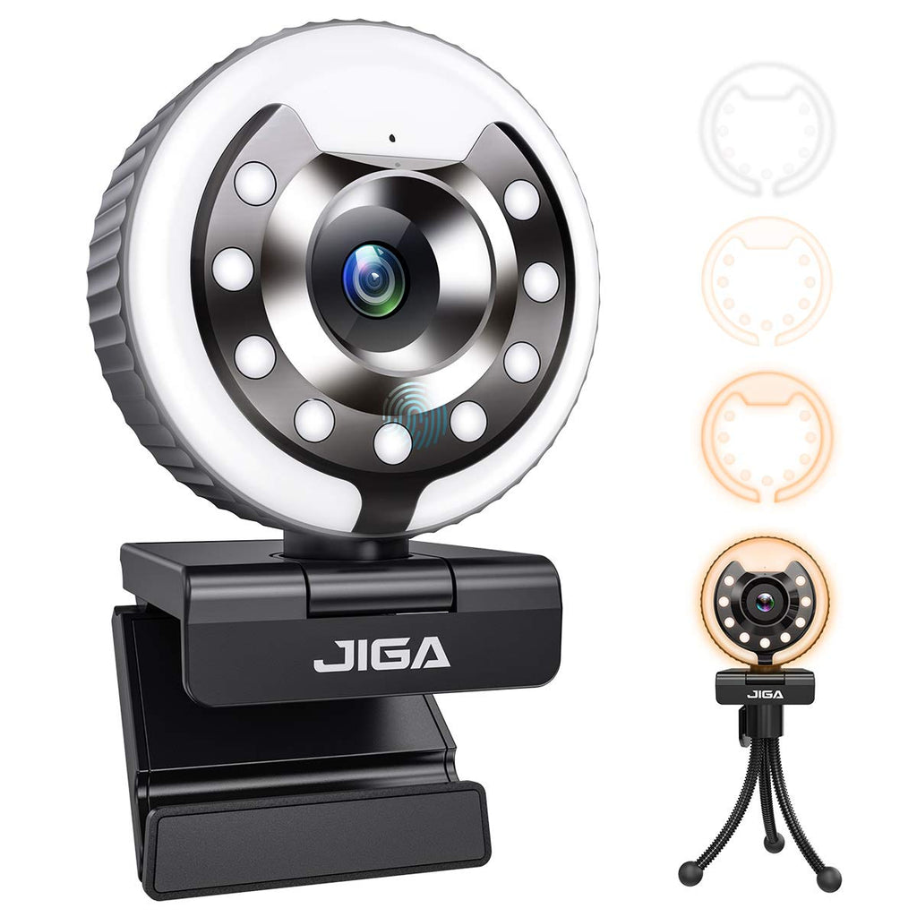  [AUSTRALIA] - 1080P Webcam with Microphone and Light Auto-Focus Play and Plug JIGA Streaming Web Camera for YouTube, Skype, Zoom, Twitch, OBS, Xsplit and Video Calling 3 Adjustable Color Light with Metal Tripod