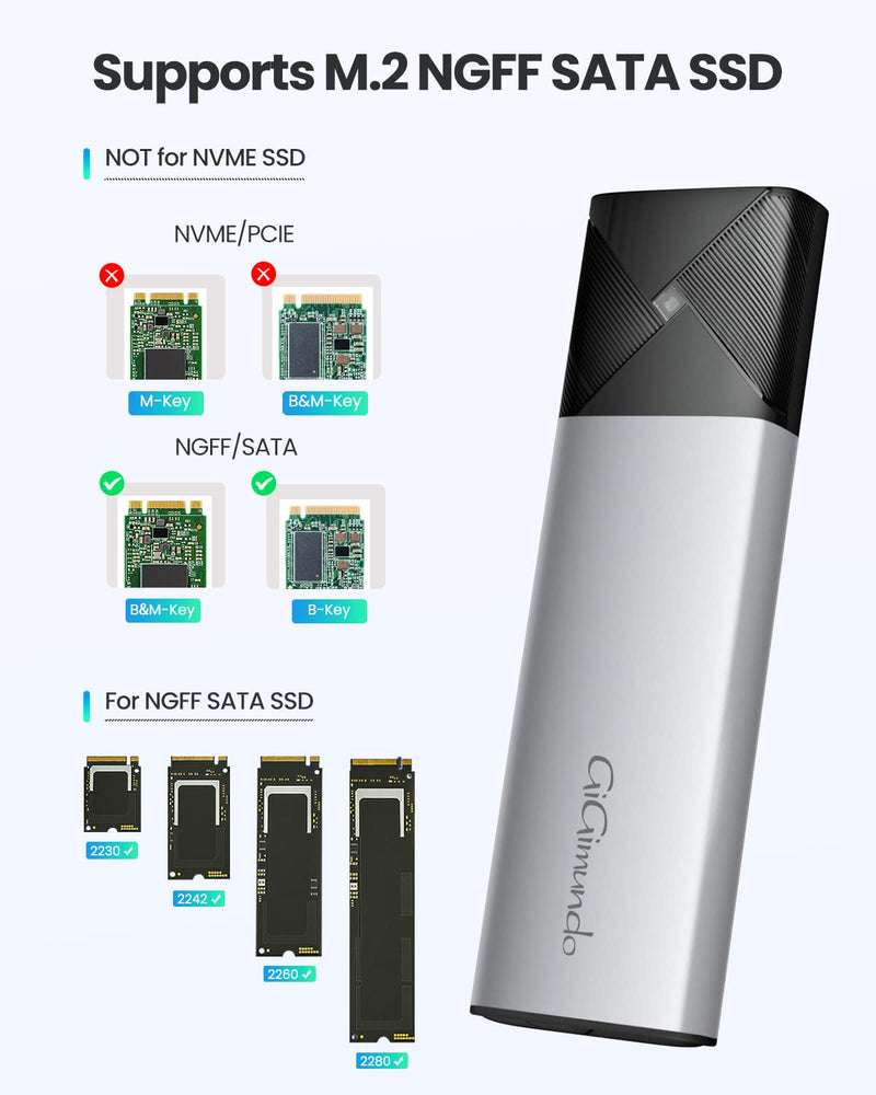  [AUSTRALIA] - GiGimundo Tool-Free M.2 SATA SSD Enclosure - High-Speed 5Gbps External USB SSD Adapter with UASP Trim for M.2 B Key/B+M Key Sata Drive (Not Work for NVMe PCIe) - Silver SATA-Silver